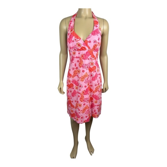 Lilly Pulitzer Sz 6 Tiger Print Halter Dress Pink Vintage White Label - Picture 1 of 12